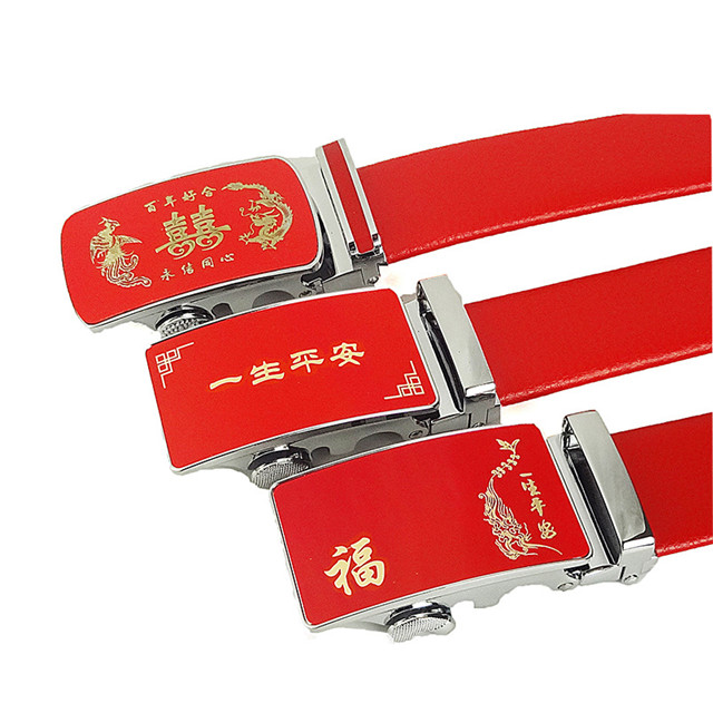 Manufacturer of Custom Benmingnian Red Belt Leather Automatically Red One in The New Year Bring Men Leather Red Sashes in The Year of Dog